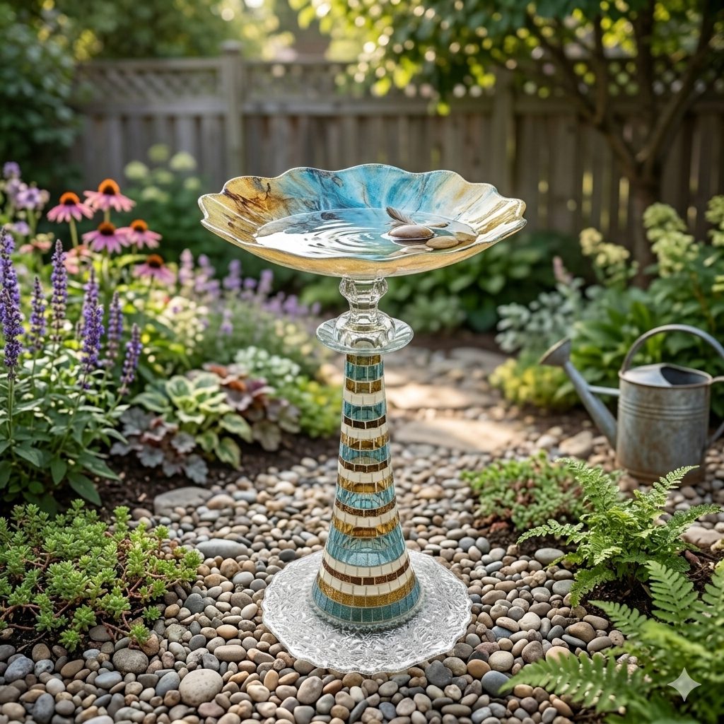 Blue & Gold Birdbath 2